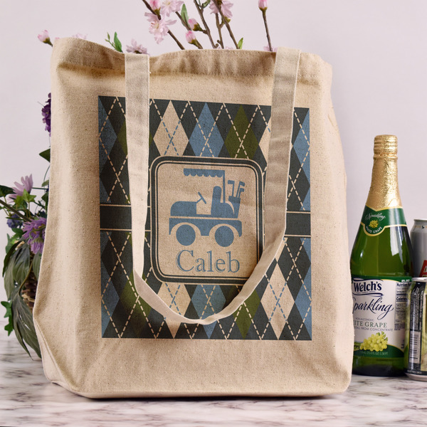 Blue Argyle Reusable Cotton Grocery Bag - In Context