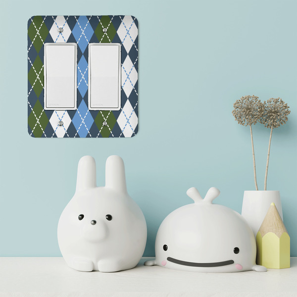 Blue Argyle Rocker Light Switch Covers - Double - IN CONTEXT