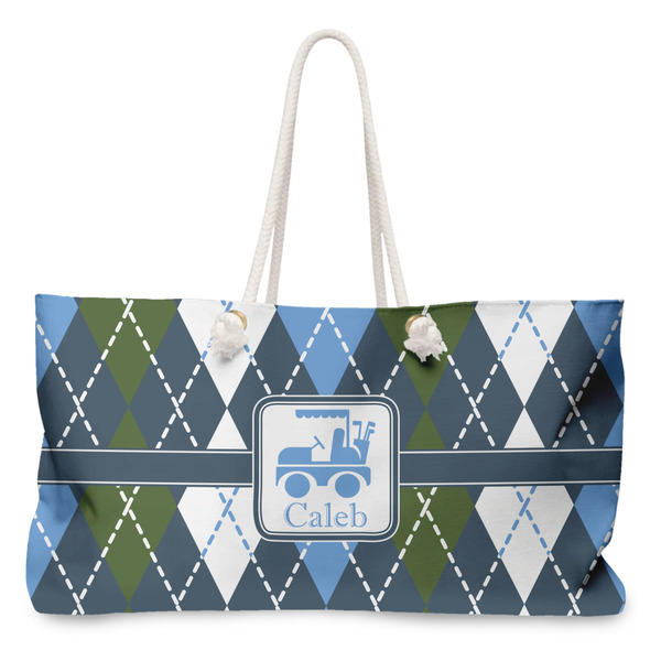 Custom Blue Argyle Large Tote Bag with Rope Handles (Personalized)