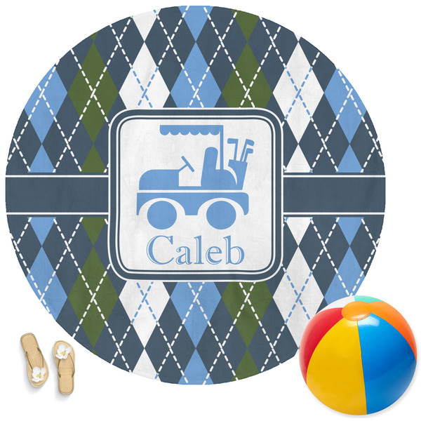 Custom Blue Argyle Round Beach Towel (Personalized)