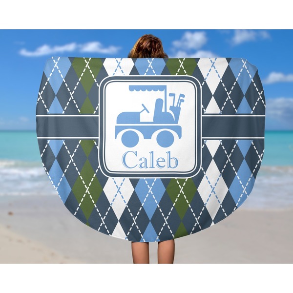 Blue Argyle Round Beach Towel - In Use