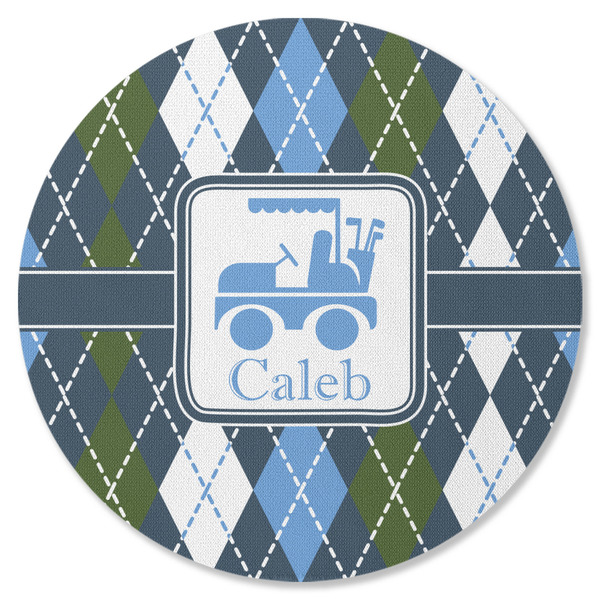 Custom Blue Argyle Round Rubber Backed Coaster (Personalized)