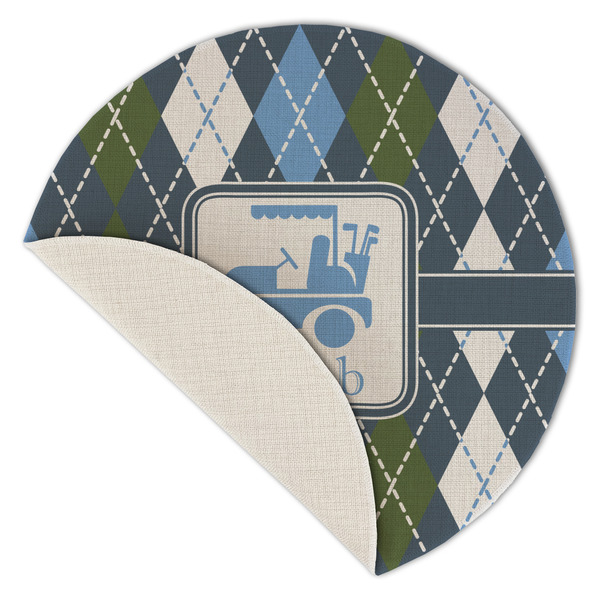 Blue Argyle Round Linen Placemats - Front (folded corner single sided)