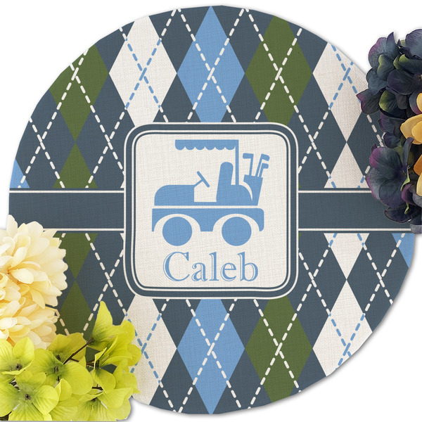 Blue Argyle Round Linen Placemats - Front (w flowers)