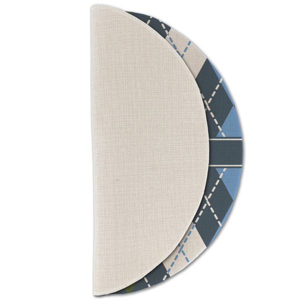 Blue Argyle Round Linen Placemats - HALF FOLDED (single sided)