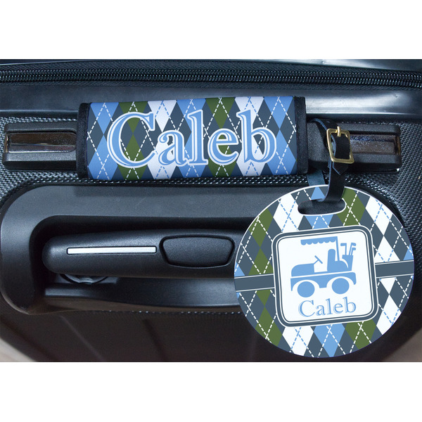 Blue Argyle Round Luggage Tag & Handle Wrap - In Context
