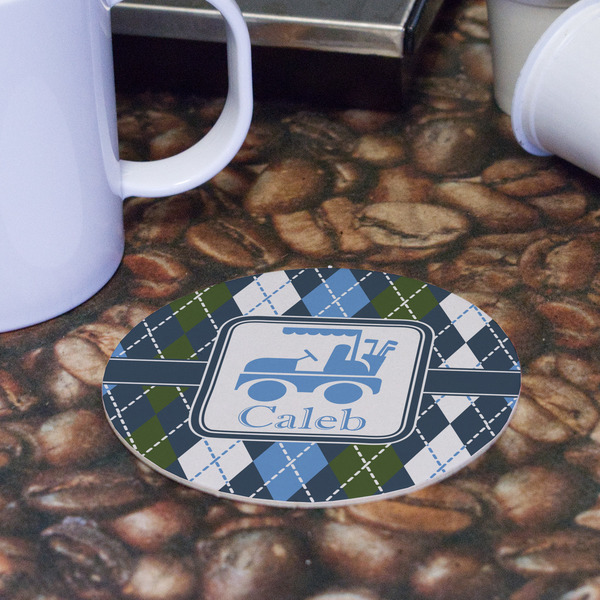 Blue Argyle Round Paper Coaster - Front