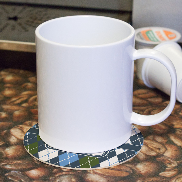 Blue Argyle Round Paper Coaster - With Mug
