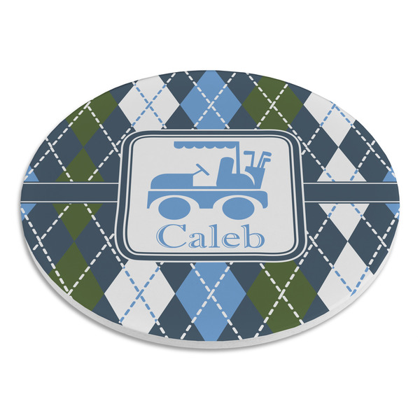 Blue Argyle Round Stone Trivet - Angle View