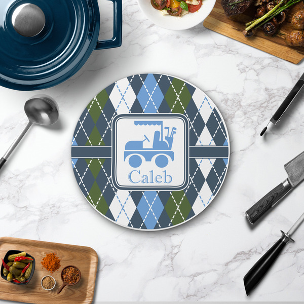 Blue Argyle Round Stone Trivet - In Context View