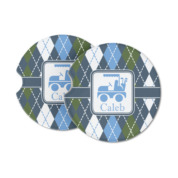 Custom Blue Argyle Sandstone Car Coasters - Set of 2 (Personalized)