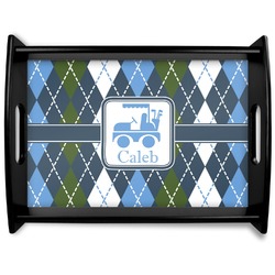 Blue Argyle Black Wooden Tray - Large (Personalized)