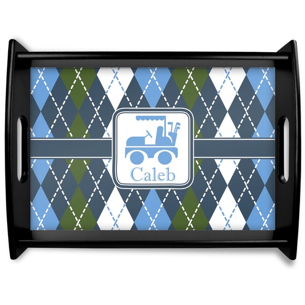 Custom Blue Argyle Black Wooden Tray - Large (Personalized)