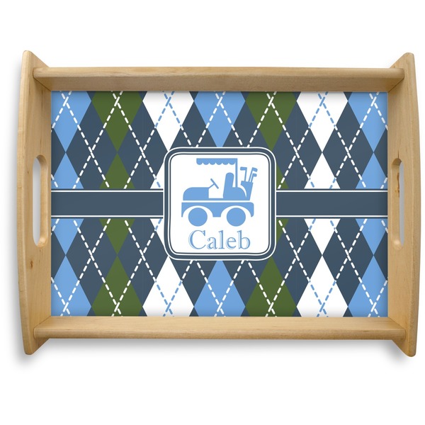 Custom Blue Argyle Natural Wooden Tray - Large (Personalized)