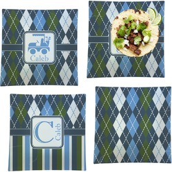 Blue Argyle Set of 4 Glass Square Lunch / Dinner Plate 9.5" (Personalized)