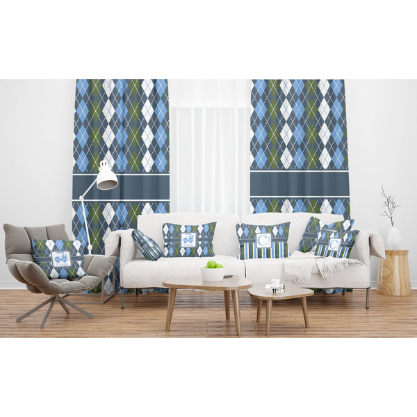 Blue Argyle Sheer and Custom Curtains in Room with Matching Pillows