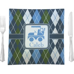 Blue Argyle 9.5" Glass Square Lunch / Dinner Plate- Single or Set of 4 (Personalized)