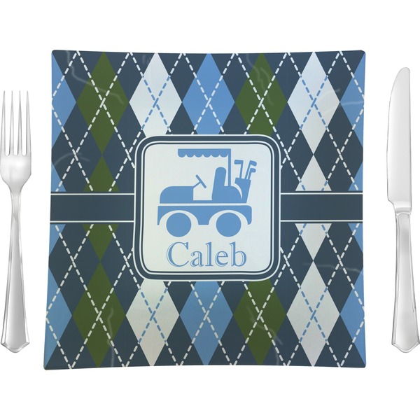 Custom Blue Argyle 9.5" Glass Square Lunch / Dinner Plate- Single or Set of 4 (Personalized)