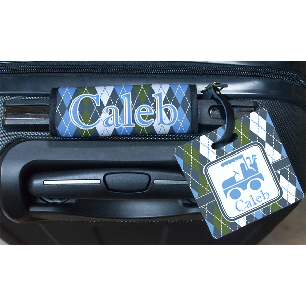 Blue Argyle Square Luggage Tag & Handle Wrap - In Context