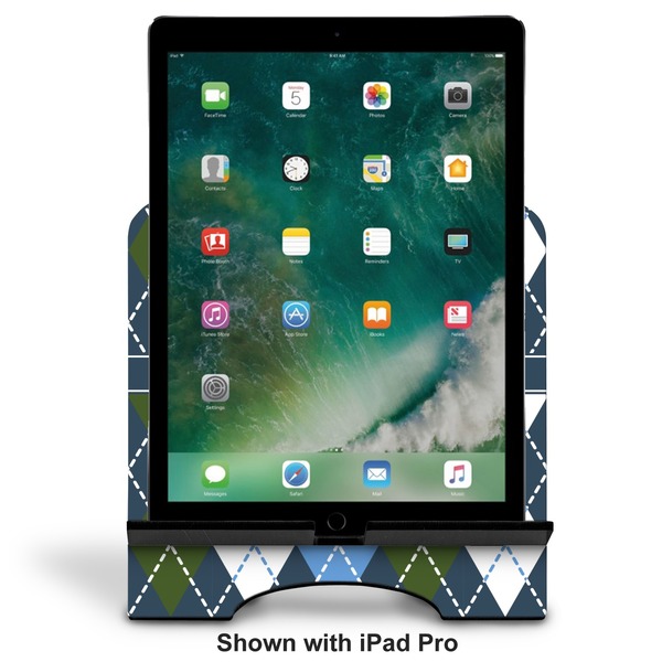 Blue Argyle Stylized Tablet Stand - Front with ipad
