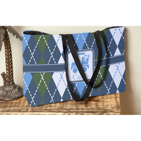 Blue Argyle Tote w/Black Handles - Lifestyle View