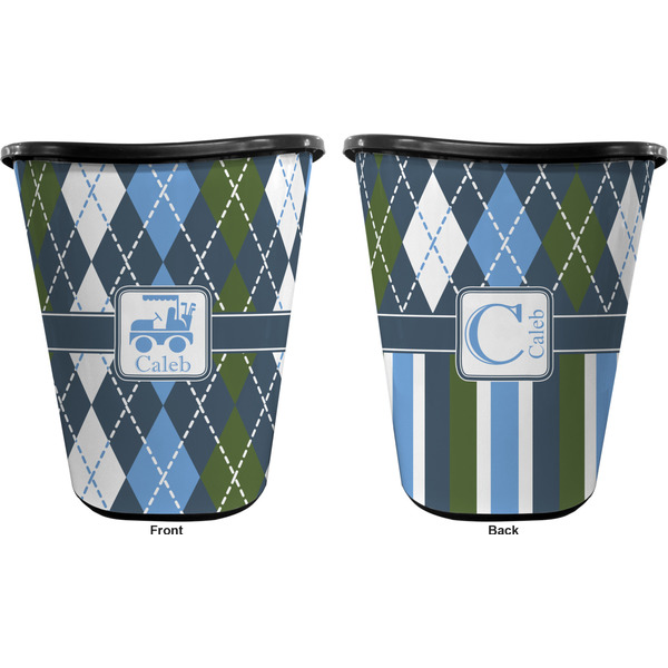 Blue Argyle Trash Can Black - Front and Back - Apvl