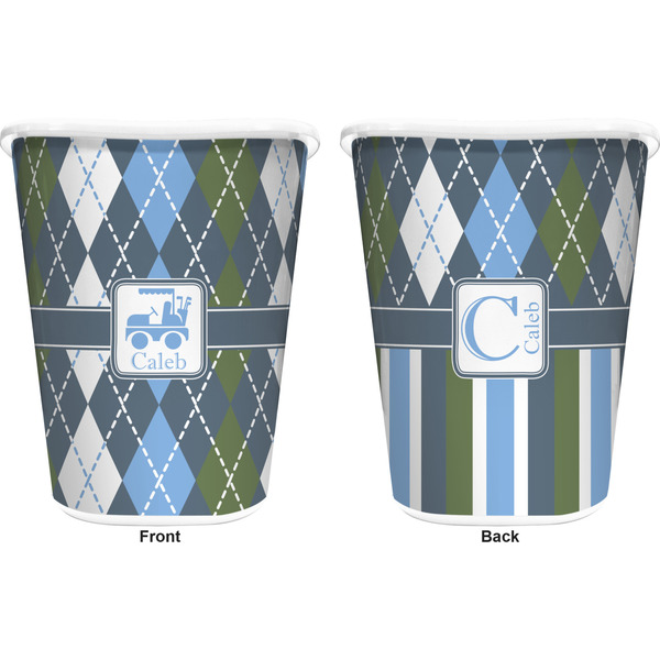 Blue Argyle Trash Can White - Front and Back - Apvl