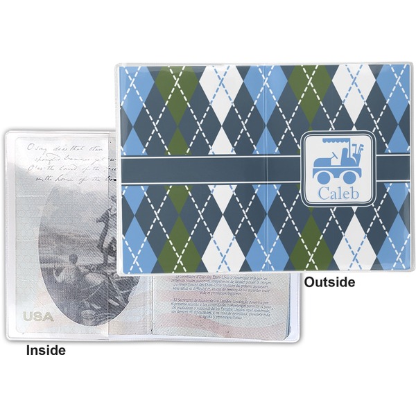 Blue Argyle Vinyl Passport Holder - Flat Front and Back