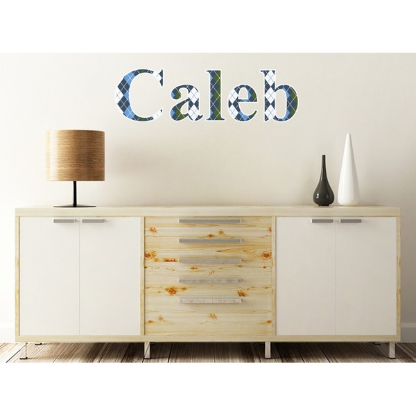 Blue Argyle Wall Name Decal On Wooden Desk