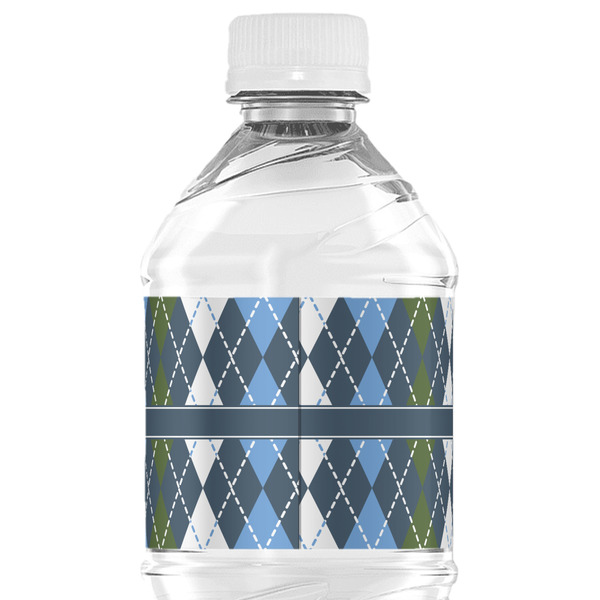 Blue Argyle Water Bottle Label - Back View