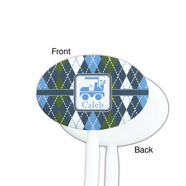 Blue Argyle White Plastic 7" Stir Stick - Single Sided - Oval - Front & Back