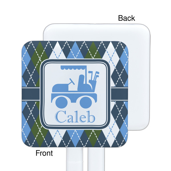 Blue Argyle White Plastic Stir Stick - Single Sided - Square - Approval