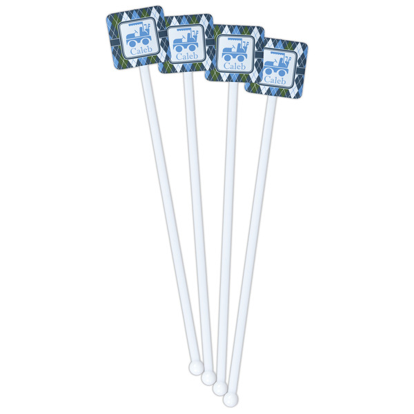 Blue Argyle White Plastic Stir Stick - Single Sided - Square - Front