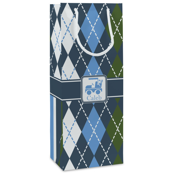 Custom Blue Argyle Wine Gift Bags - Gloss (Personalized)