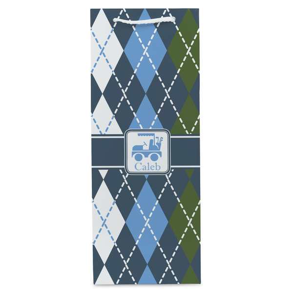 Blue Argyle Wine Gift Bag - Matte - Front