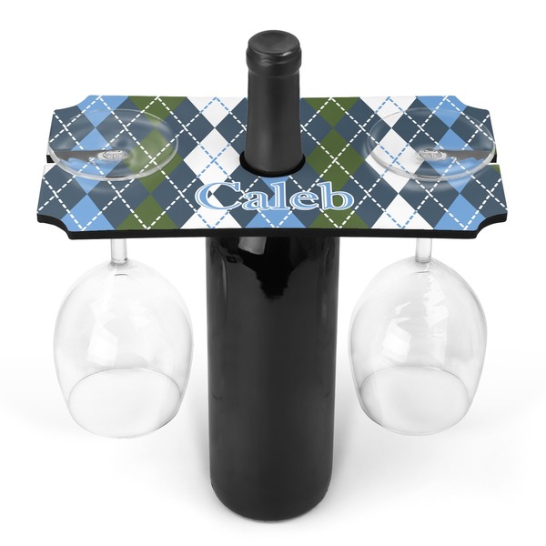 Custom Blue Argyle Wine Bottle & Glass Holder (Personalized)