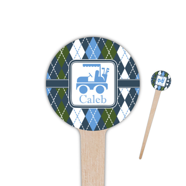 Custom Blue Argyle 4" Round Wooden Food Picks - Double Sided (Personalized)