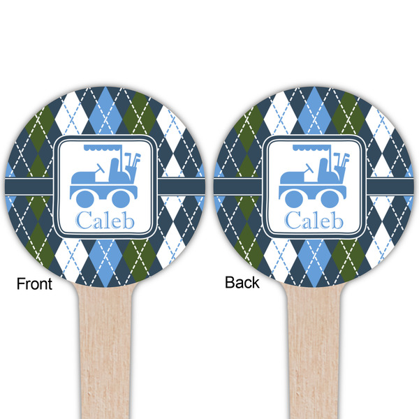 Blue Argyle Wooden 4" Food Pick - Round - Double Sided - Front & Back