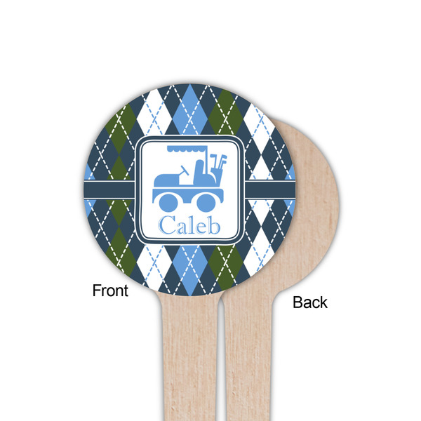 Blue Argyle Wooden 4" Food Pick - Round - Single Sided - Front & Back