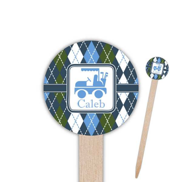 Custom Blue Argyle 6" Round Wooden Food Picks - Single Sided (Personalized)