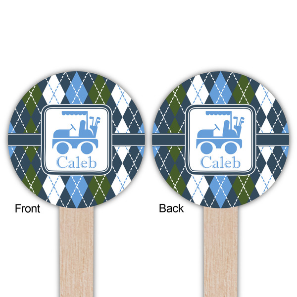 Blue Argyle Wooden 6" Food Pick - Round - Double Sided - Front & Back