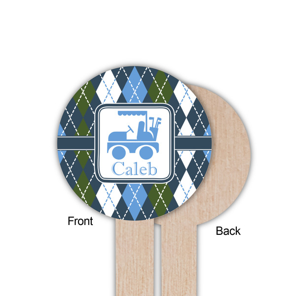 Blue Argyle Wooden 6" Food Pick - Round - Single Sided - Front & Back