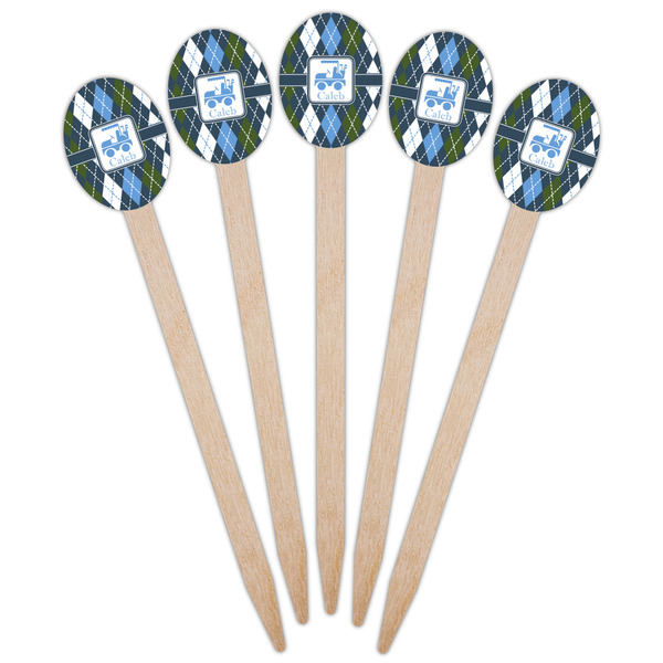 Blue Argyle Wooden Food Pick - Oval - Fan View