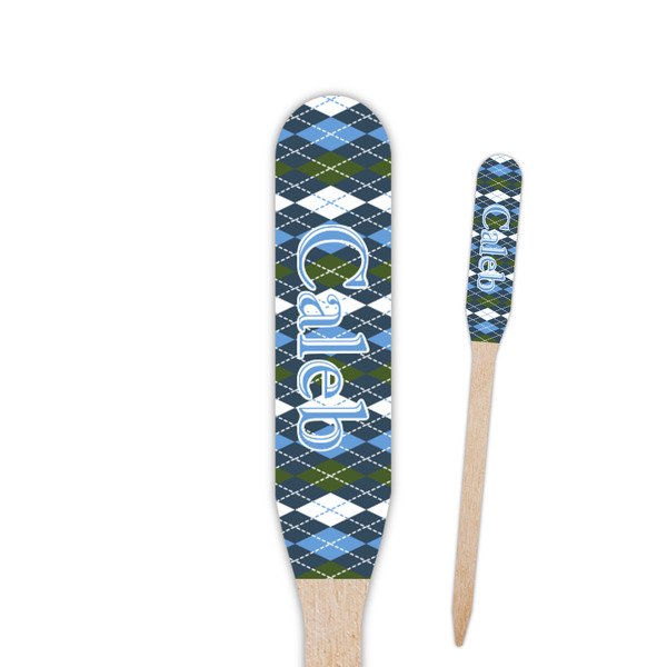 Custom Blue Argyle Paddle Wooden Food Picks - Single Sided (Personalized)