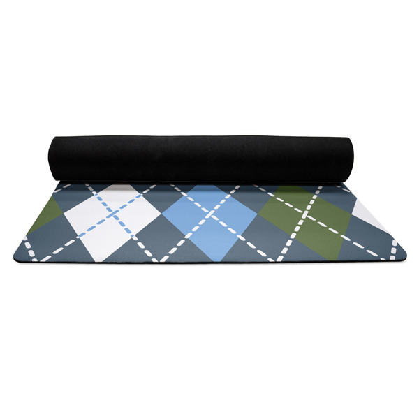 Blue Argyle Yoga Mat Rolled up Black Rubber Backing
