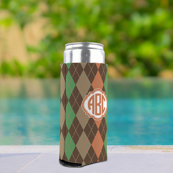 Brown Argyle Can Cooler - Tall 12oz - In Context