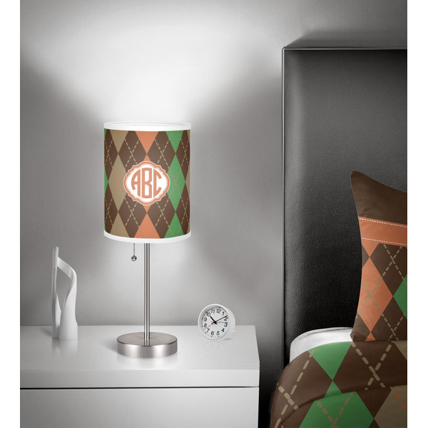 Brown Argyle 7 inch drum lamp shade - in room