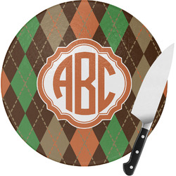 Brown Argyle Round Glass Cutting Board - Small (Personalized)