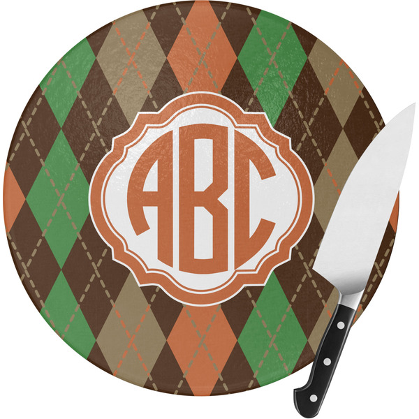 Custom Brown Argyle Round Glass Cutting Board - Small (Personalized)