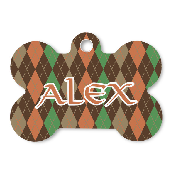 Custom Brown Argyle Bone Shaped Dog ID Tag (Personalized)